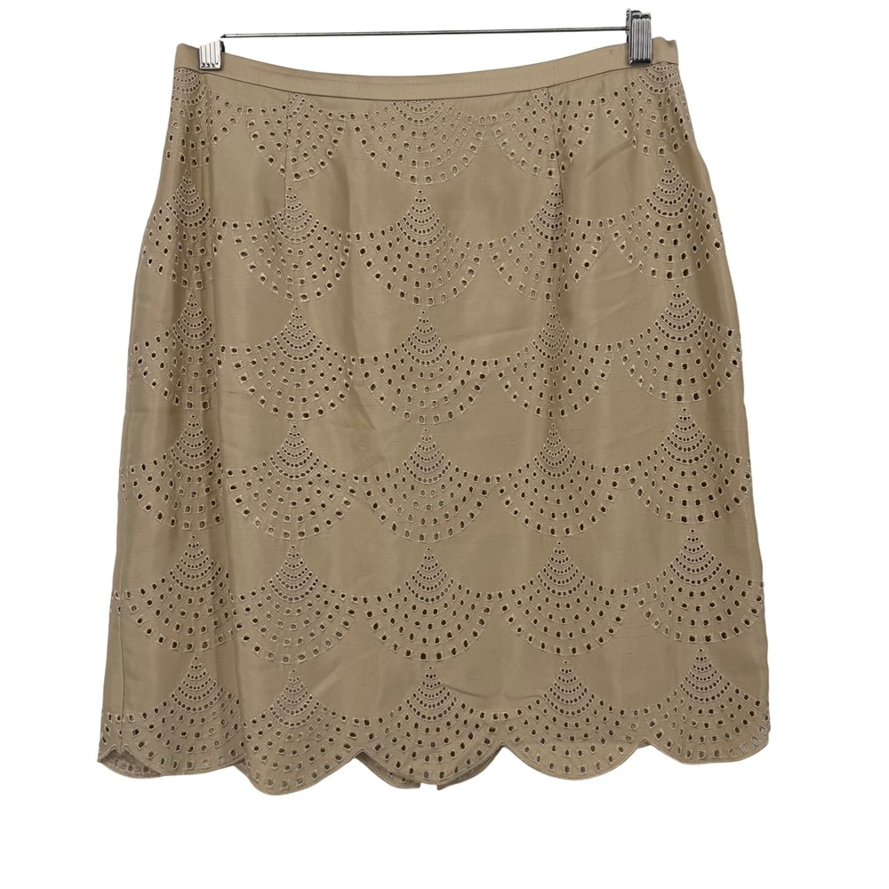 Talbots Petites Tan 100% Silk Eyelet Scalloped Pencil Skirt Size 12P Beige